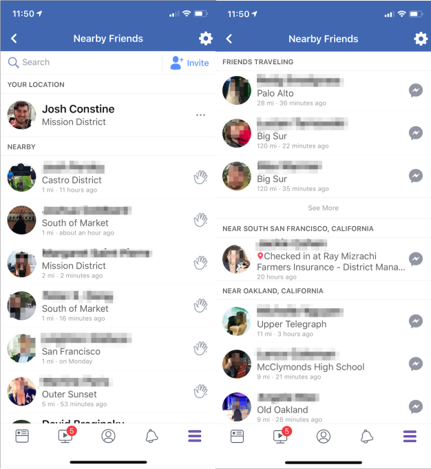 Facebook Nearby Friends List View