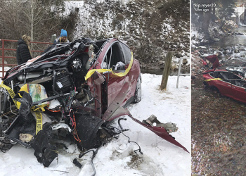 Tesla 摔落 20 英尺溪谷的嚴重車禍 ，車上 5 名成員全部生還