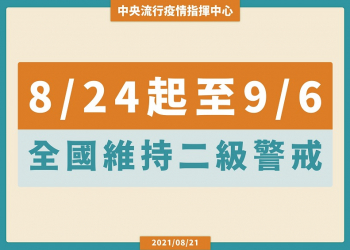 8月24日至9月6日維持疫情警戒標準為第二級 再鬆綁部分地點與活動