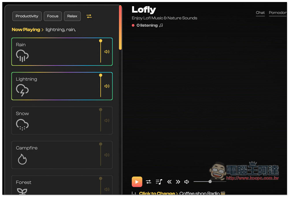 Lofly 提供 Loft 與大自然音樂的免費線上播放器，讓你工作、讀書更專注 - 電腦王阿達