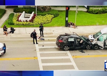 美國佛州一對男女車行駛時舉行「樂器演奏會」，跨越對向撞上聯邦快遞貨車導致樂器受傷