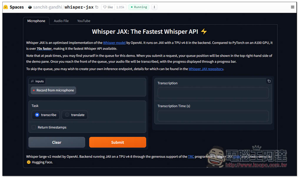 Whisper JAX 超強語音轉文字免費 AI 工具，8 分鐘影片不到 5 秒就轉完 - 電腦王阿達
