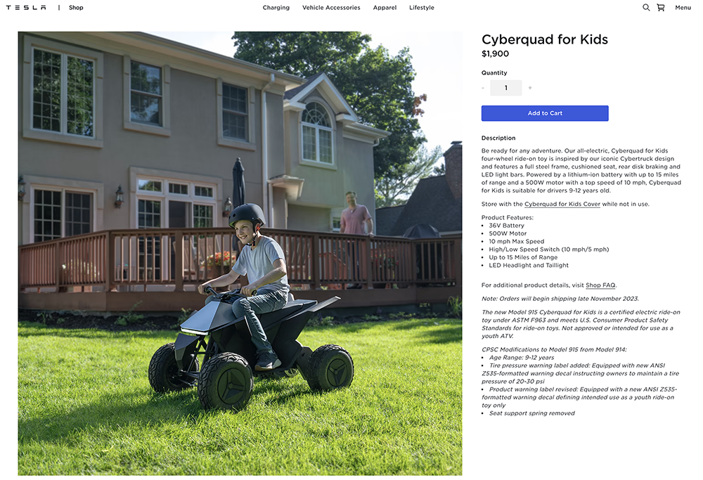 已符安全標準，致敬 Cybertruck 皮卡的 Cyberquad 電動玩具車再次上架特斯拉官網 - 電腦王阿達