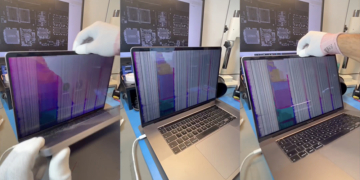 MacBook Pro 螢幕爆發紫色直線災情