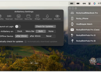AirBattery 在 Mac 選單列中即時查看 iPhone、iPad、AirPods、Apple Watch 的電量狀況