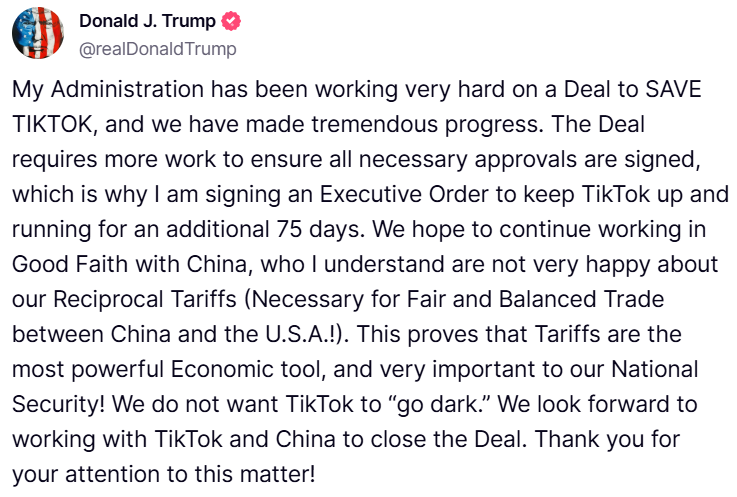 再次續命！美國總統川普透過行政命令為 TikTok 禁令再延長75天 - 電腦王阿達