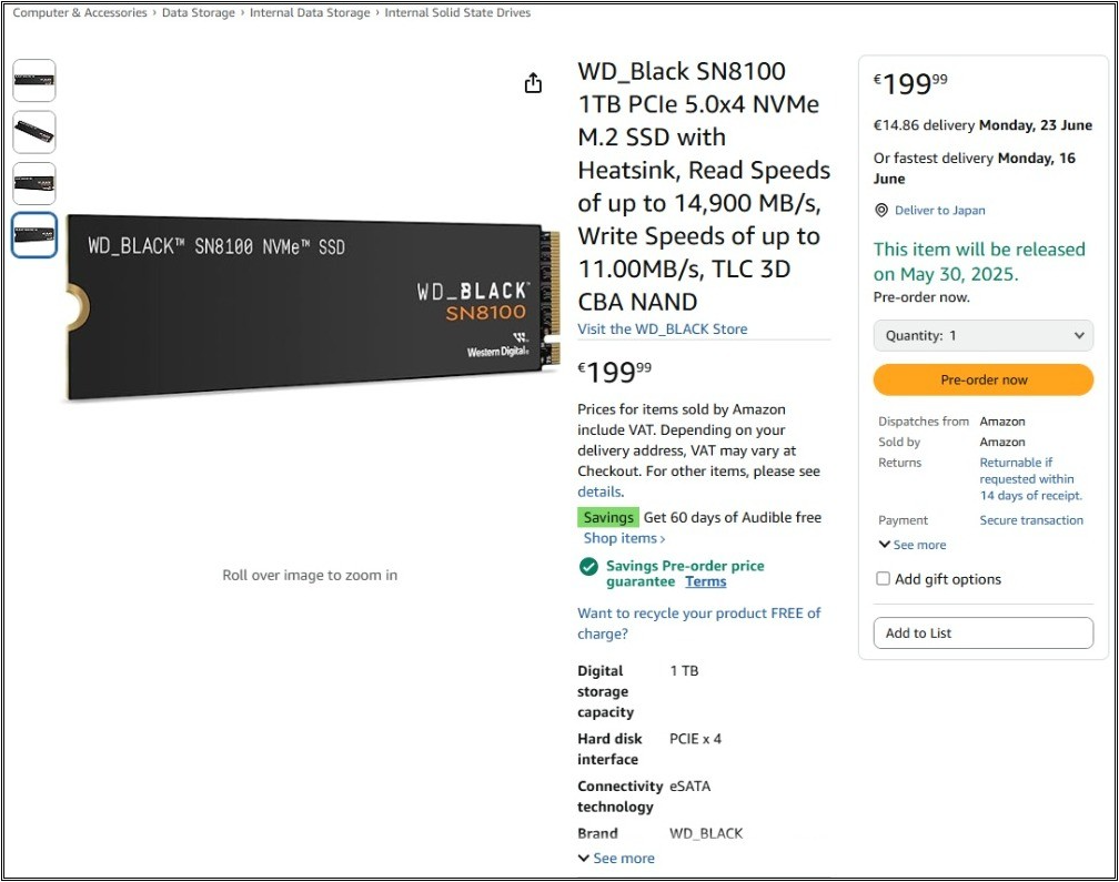 WD 未發表 SSD 現身 Amazon，讀取速度達 14,900MB/s 功耗卻只要 7W 以下 - 電腦王阿達