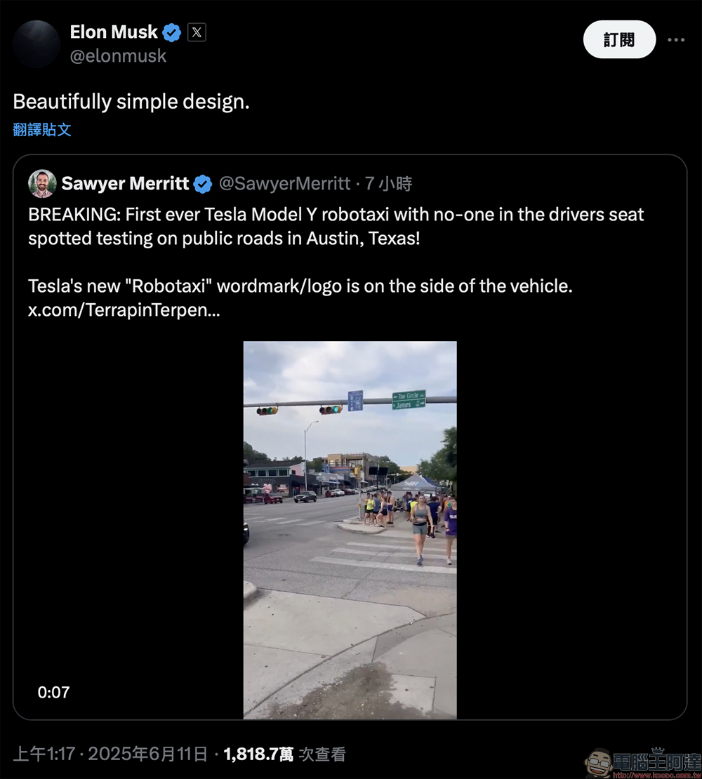 Tesla Robotaxi 無人計程車街頭曝光， Elon Musk 預告 Robotaxi 首度「接客」時間 - 電腦王阿達