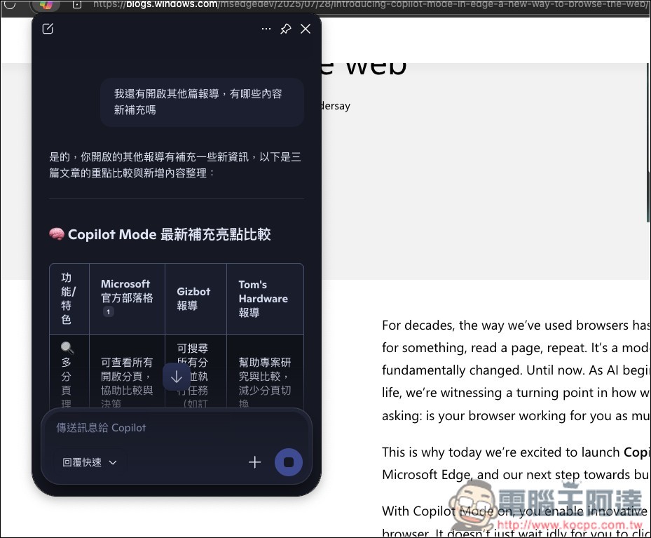 微軟為 Edge 瀏覽器加入全新 Copilot Mode，可閱讀所有網頁分頁、支援 Copilot Vision、上網搜尋等 - 電腦王阿達