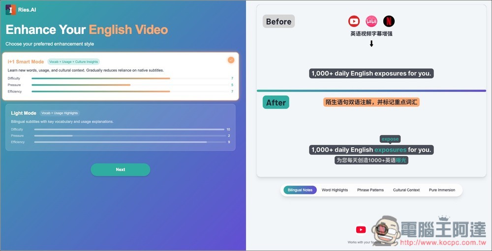 Ries.AI 利用 AI 創造外語學習的自然環境，看影片、閱讀文章時適時加強你不懂的單字 - 電腦王阿達