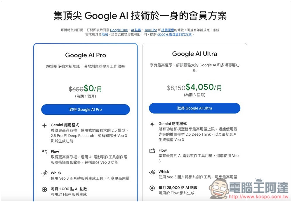 Google 終於公佈 Gemini 免費版和 AI 付費版的用量限制差異 - 電腦王阿達