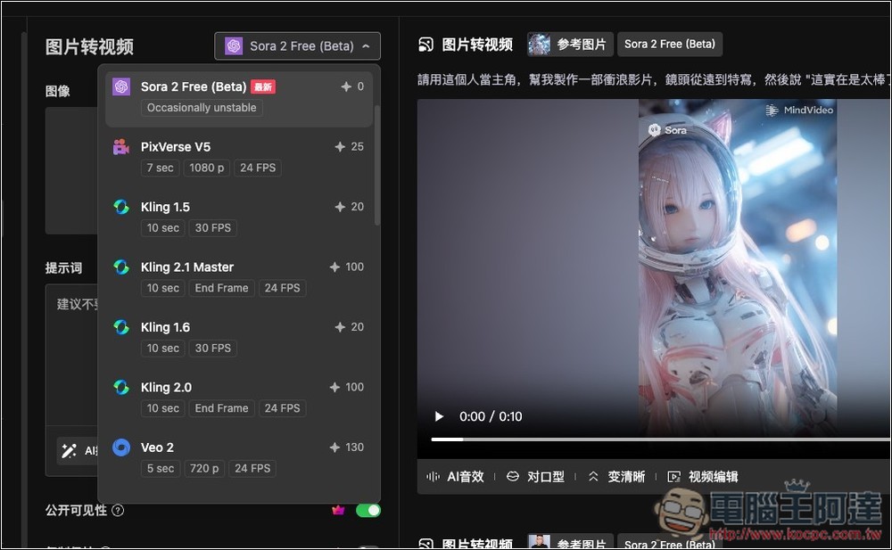 MindVideo 免邀請碼就能免費玩 Sora 2 影片生成，沒有數量限制 - 電腦王阿達