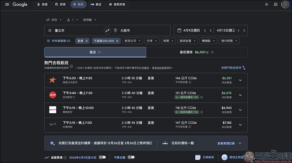 Google Flights 台灣上線 AI 機票新功能，一句話找到最優惠票價（完整教學） - 電腦王阿達