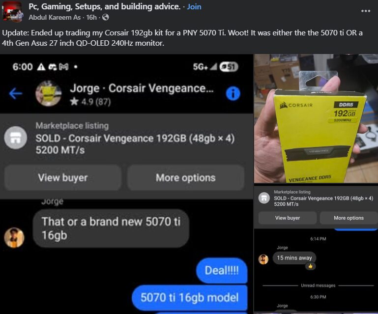 國外網友用一組 192GB 記憶體成功換到一張 RTX 5070 Ti 顯示卡 - 電腦王阿達