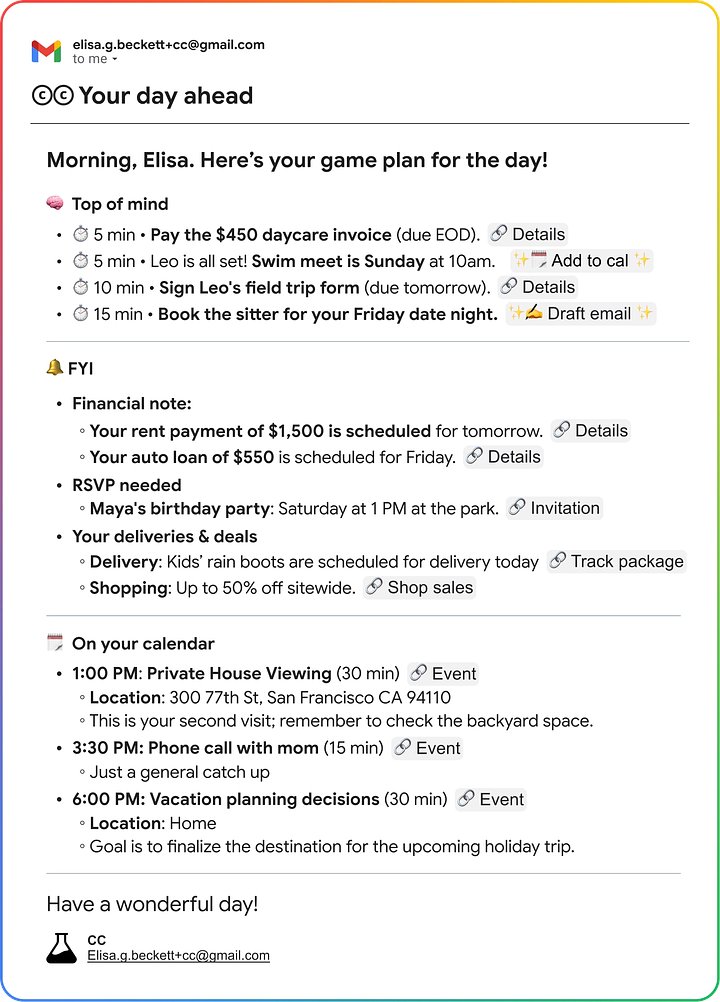 Google 推出 CC 全新 AI 生產力助理,會根據 Gmail、日曆與雲端硬碟資料發送每日行程和待辦郵件 - 電腦王阿達 Google 推出 CC 全新 AI 生產力助理,會根據 Gmail、日曆與雲端硬碟資料發送每日行程和待辦郵件 - 電腦王阿達