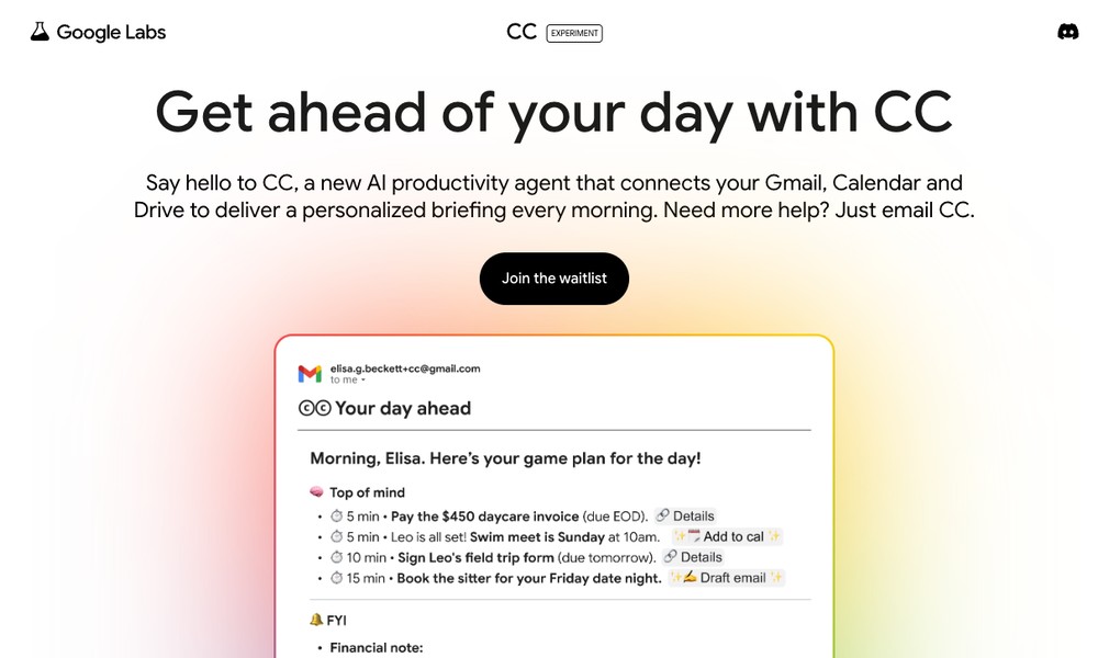 Google 推出 CC 全新 AI 生產力助理,會根據 Gmail、日曆與雲端硬碟資料發送每日行程和待辦郵件 - 電腦王阿達 Google 推出 CC 全新 AI 生產力助理,會根據 Gmail、日曆與雲端硬碟資料發送每日行程和待辦郵件 - 電腦王阿達