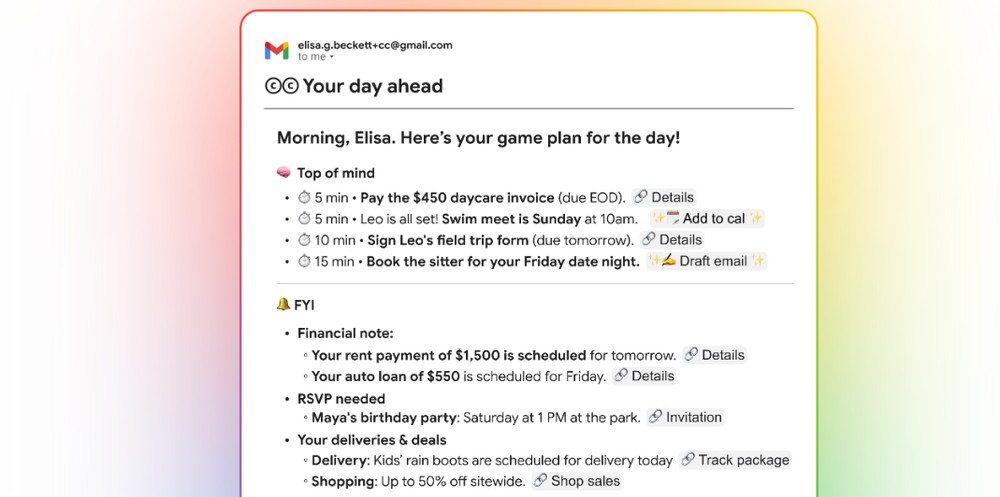 Google 推出 CC 全新 AI 生產力助理,會根據 Gmail、日曆與雲端硬碟資料發送每日行程和待辦郵件 - 電腦王阿達 Google 推出 CC 全新 AI 生產力助理,會根據 Gmail、日曆與雲端硬碟資料發送每日行程和待辦郵件 - 電腦王阿達