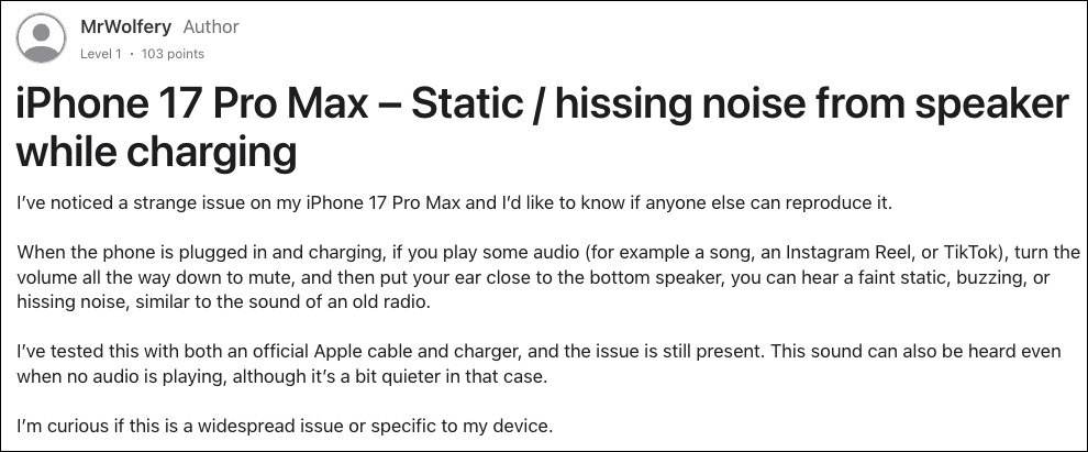 你的 iPhone 17 Pro / Pro Max 也有這樣嗎?國外多位用戶反應充電時喇叭發出類似「靜電噪音」 - 電腦王阿達 你的 iPhone 17 Pro / Pro Max 也有這樣嗎?國外多位用戶反應充電時喇叭發出類似「靜電噪音」 - 電腦王阿達