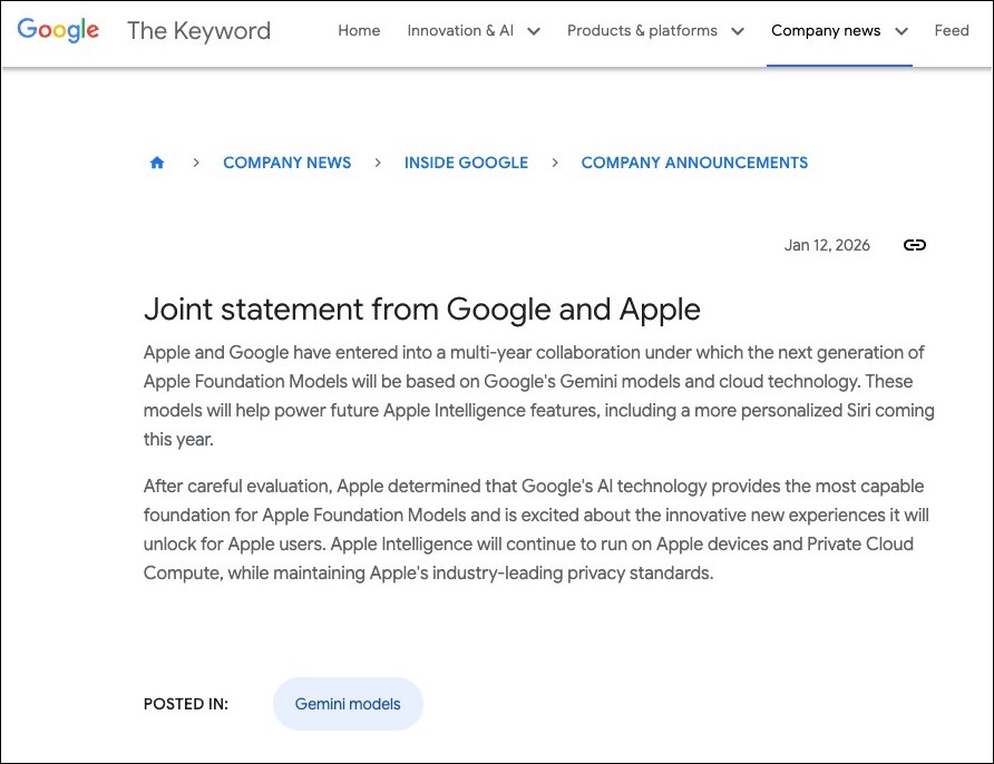 Apple 確認與 Google 合作,將推出基於 Gemini 驅動 Apple Intelligence 與 Siri - 電腦王阿達 Apple 確認與 Google 合作,將推出基於 Gemini 驅動 Apple Intelligence 與 Siri - 電腦王阿達