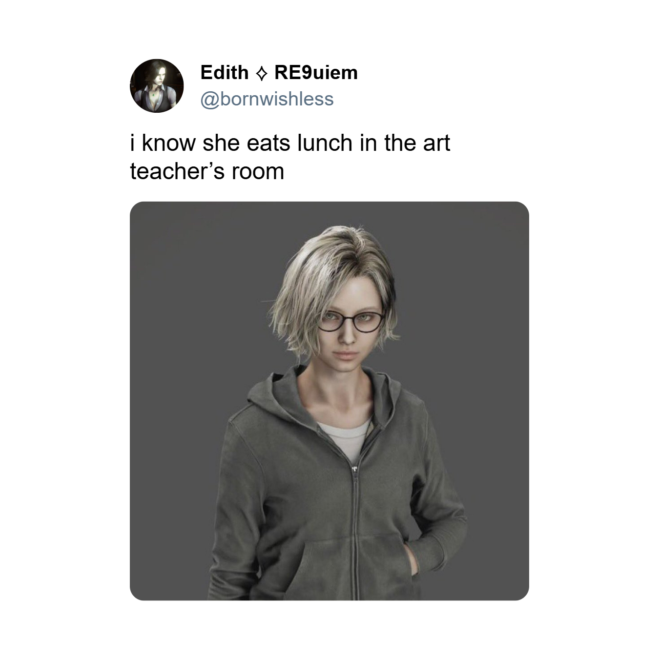 《惡靈古堡9》女主角葛蕾絲年輕時期的「科技宅女」形象引發大量迷因創作 - 電腦王阿達 《惡靈古堡9》女主角葛蕾絲年輕時期的「科技宅女」形象引發大量迷因創作 - 電腦王阿達