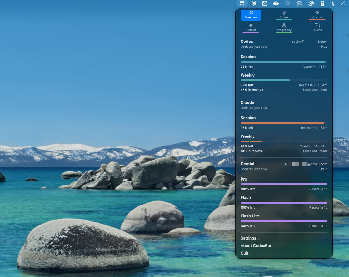CodexBar 能即時獲得各 AI 服務剩餘額度的免費工具,支援 Claude、Codex、Gemini、Antigravity、Ollama 等 - 電腦王阿達 CodexBar 能即時獲得各 AI 服務剩餘額度的免費工具,支援 Claude、Codex、Gemini、Antigravity、Ollama 等 - 電腦王阿達