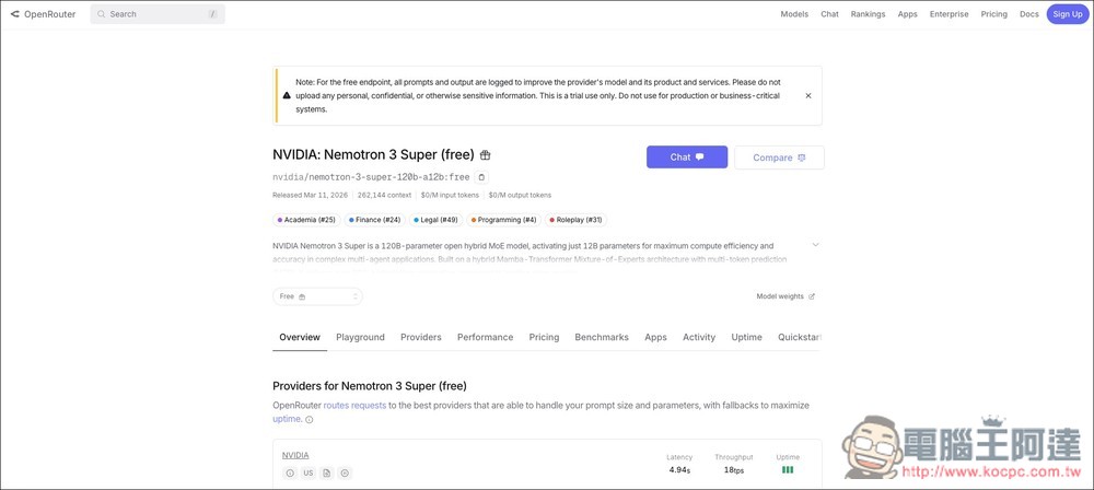 號稱 OpenClaw 部署最佳模型之一的 Nemotron 3 Super 現在可透過 API 免費用!也能直接線上體驗 - 電腦王阿達 號稱 OpenClaw 部署最佳模型之一的 Nemotron 3 Super 現在可透過 API 免費用!也能直接線上體驗 - 電腦王阿達