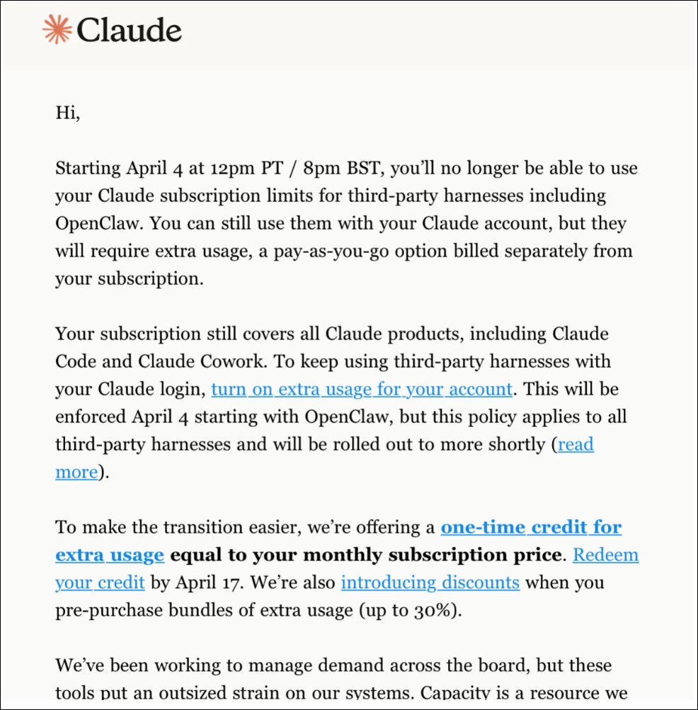 Anthropic 正式公告終止對 OpenClaw 等第三方平台支援,並宣布補貼政策 - 電腦王阿達 Anthropic 正式公告終止對 OpenClaw 等第三方平台支援,並宣布補貼政策 - 電腦王阿達