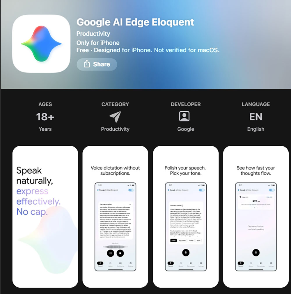 可離線使用 AI 語音辨識應用「Google AI Edge Eloquent」悄悄在 iOS 上推出 - 電腦王阿達 可離線使用 AI 語音辨識應用「Google AI Edge Eloquent」悄悄在 iOS 上推出 - 電腦王阿達