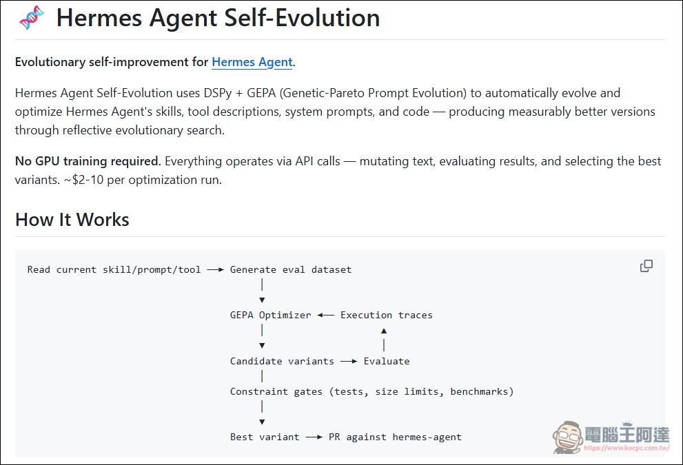 AI 自我進化時代來臨:Nous Research 開源讓 Agent 自動優化 Prompt 框架,效率遠超強化學習 - 電腦王阿達 AI 自我進化時代來臨:Nous Research 開源讓 Agent 自動優化 Prompt 框架,效率遠超強化學習 - 電腦王阿達