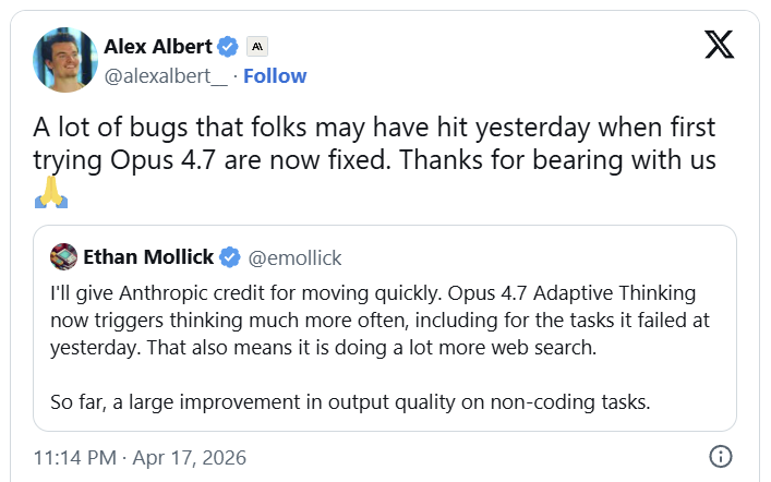 Claude Opus 4.7 上線 48 小時評價兩極:跑分衝上並列第一,開發者卻抱怨代碼與長上下文推理退化 - 電腦王阿達 Claude Opus 4.7 上線 48 小時評價兩極:跑分衝上並列第一,開發者卻抱怨代碼與長上下文推理退化 - 電腦王阿達