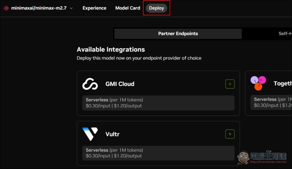NVIDIA API 讓你完全免費呼叫 Minimax M2.7、DeepSeek V4 模型,也能用在 OpenClaw 與 Hermes - 電腦王阿達 NVIDIA API 讓你完全免費呼叫 Minimax M2.7、DeepSeek V4 模型,也能用在 OpenClaw 與 Hermes - 電腦王阿達