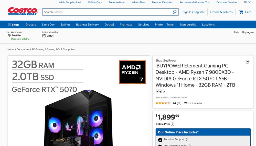 超幸運!國外網友在 Costco 撿到便宜,1,100 美元就帶走 Ryzen 9800X3D + RTX 5070 + 2TB SSD 遊戲電腦 - 電腦王阿達 超幸運!國外網友在 Costco 撿到便宜,1,100 美元就帶走 Ryzen 9800X3D + RTX 5070 + 2TB SSD 遊戲電腦 - 電腦王阿達