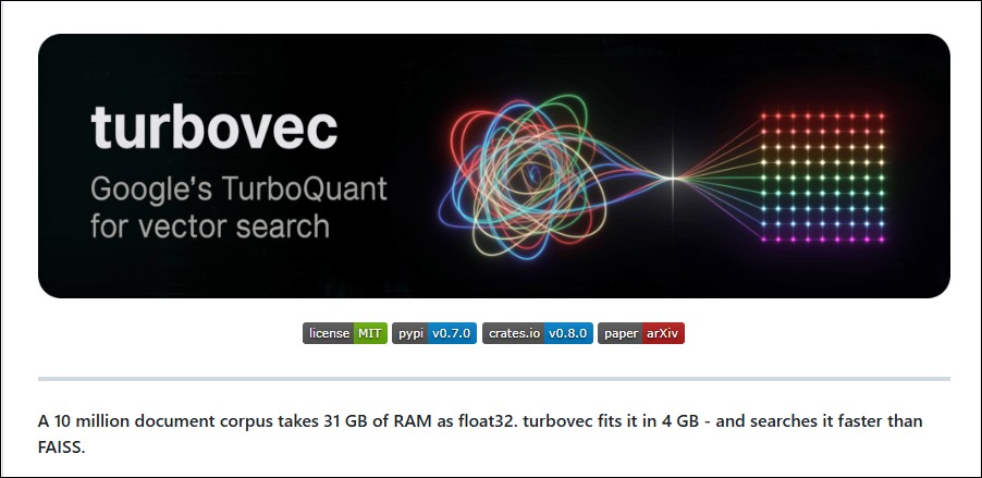 TurboVec:基於 Google TurboQuant,可將向量搜尋記憶體用量由31GB 壓縮至4GB - 電腦王阿達 TurboVec:基於 Google TurboQuant,可將向量搜尋記憶體用量由31GB 壓縮至4GB - 電腦王阿達