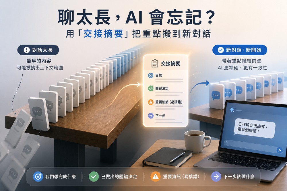ChatGPT、Gemini 聊太長時會忘記前面的內容嗎?試試這個提示詞,把重點完整帶到新對話 - 電腦王阿達 ChatGPT、Gemini 聊太長時會忘記前面的內容嗎?試試這個提示詞,把重點完整帶到新對話 - 電腦王阿達