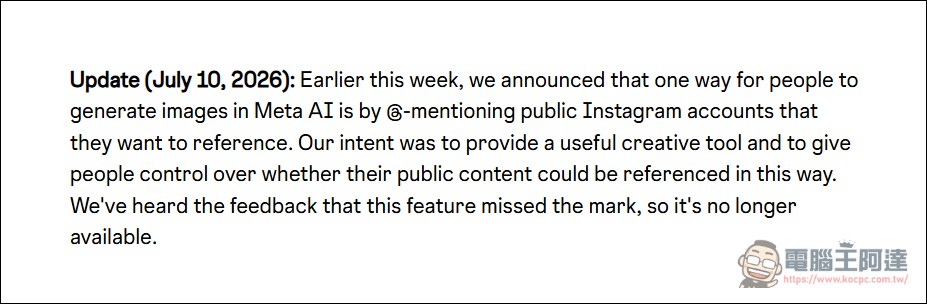 Meta 移除 Instagram 爭議 @mention AI 圖片生成功能:預設同意引爆隱私反彈,上線不到一週即撤回 - 電腦王阿達 Meta 移除 Instagram 爭議 @mention AI 圖片生成功能:預設同意引爆隱私反彈,上線不到一週即撤回 - 電腦王阿達